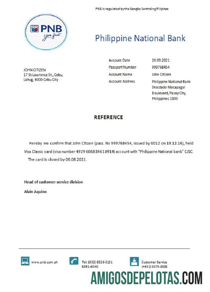 Referência de fechamento do PNB das Filipinas exemplo real